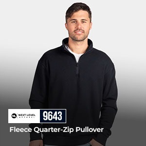 Next Level 9643 Fleece Quarter-Zip Pullover Sweatshirt Man wearing Next Level 9643 fleece quarter-zip sweatshirt with cadet collar in black