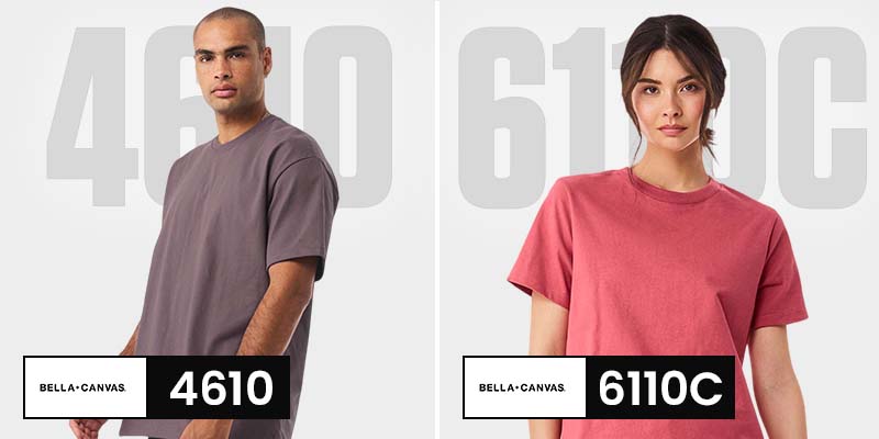Model wearing Bella + Canvas 4610 unisex t-shirt in grey and 6110C unisex t-shirt in pink