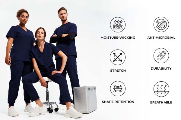 Performance-Driven Medical Scrubs with Advanced Fabric Features Three healthcare professionals wearing navy blue scrubs demonstrating advanced features including moisture-wicking, antimicrobial, stretch, durability, shape retention, and breathability icons.
