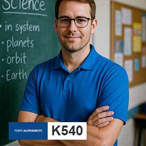  man wearing the Port Authority K540 Performance Polo in blue, standing in front of a chalkboard in a classroom setting. The polo is stylish and perfect for professional or casual environments.