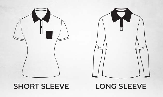 Short and Long Sleeve Women's Polo Shirts - Stylish and Versatile Designs Illustration showing two women's polo shirt styles: short sleeve with a pocket and long sleeve, both featuring stylish collar designs.