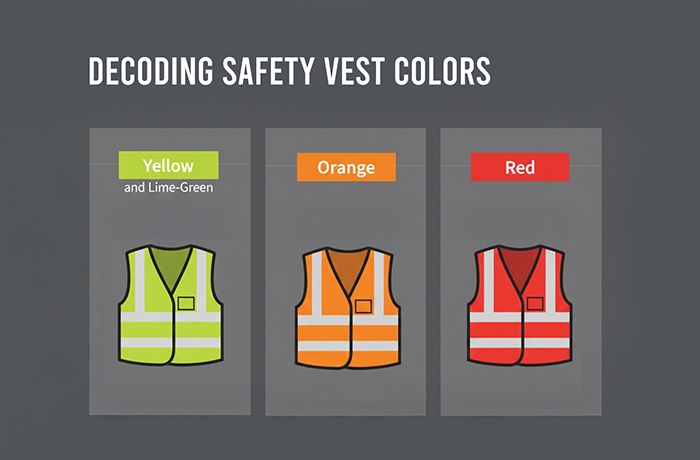Diagram showing ANSI safety vest colors—yellow or lime green, orange, and red—with simple vest icons to explain when each high visibility color is used on job sites