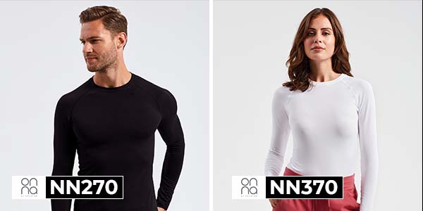 Male and female models wearing Onna base layer long sleeve underscrubs, NN270 black men’s underscrub and NN370 white women’s underscrub, designed for comfort and layering under medical scrubs.