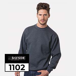 Man wearing Bayside 1102 crewneck sweatshirt in dark grey, made in USA wholesale apparel