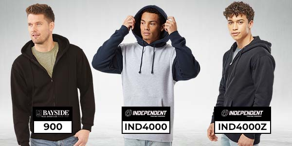 Models wearing Bayside 900 hoodie, Independent IND4000 pullover hoodie, and Independent IND4000Z zip hoodie for wholesale apparel comparison