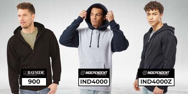 Models wearing Bayside 900 hoodie, Independent IND4000 pullover hoodie, and Independent IND4000Z zip hoodie for wholesale apparel comparison