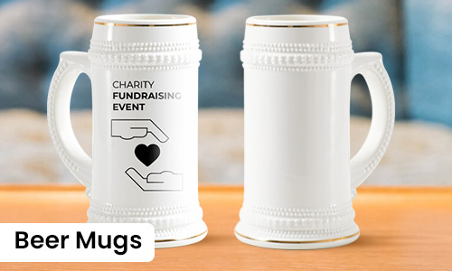 : Elegant white ceramic custom beer mug with gold rim, featuring black graphic icons of hands and heart alongside the words “Charity Fundraising Event,” perfect for community events or nonprofit campaigns.