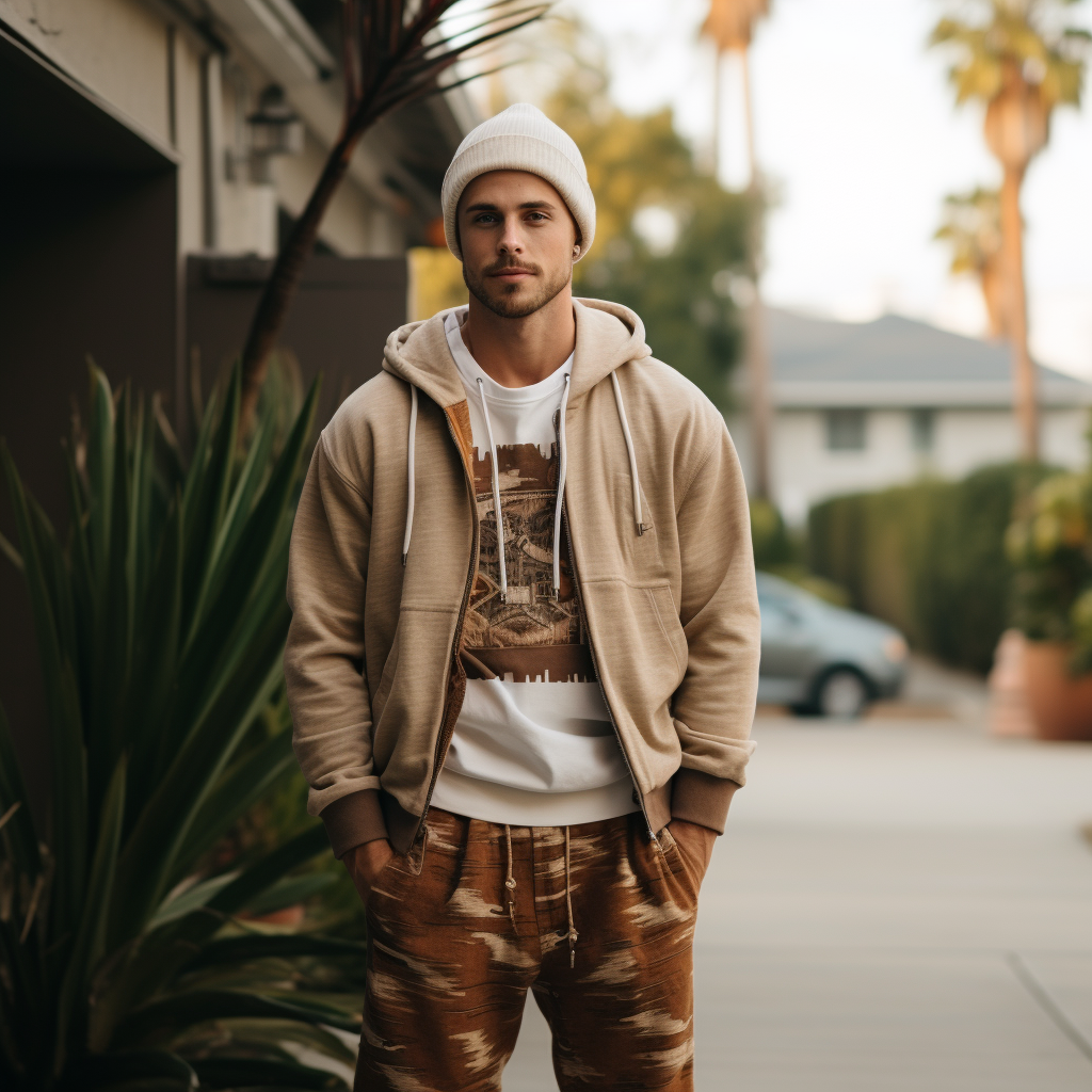 man wearing beige zip hoodie with beanie casual streetwear outfit outdoors