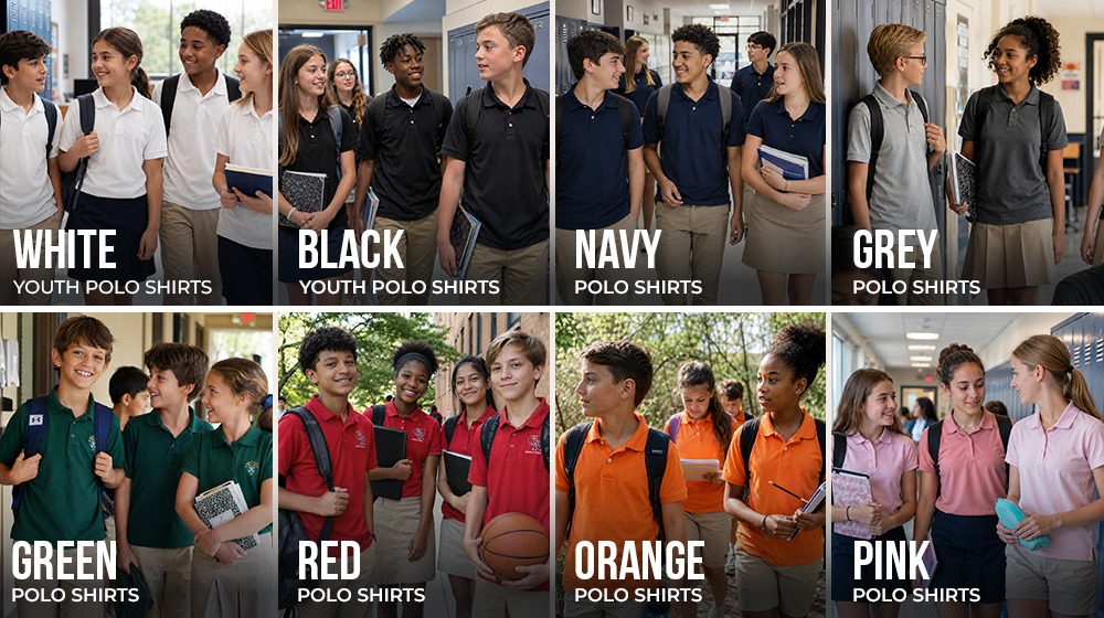 Best Colors for Youth Polo Shirts in School Uniforms Students wearing youth polo shirts in white, black, navy, grey, green, red, orange, and pink school uniform colors