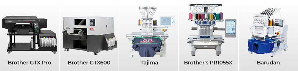 Best Embroidery Machines and DTG Printers for Direct-to-Embroidery Recommended machines for Direct-to-Embroidery showing Brother GTX Pro, Brother GTX600, Tajima, Brother PR1055X, and Barudan embroidery machines.