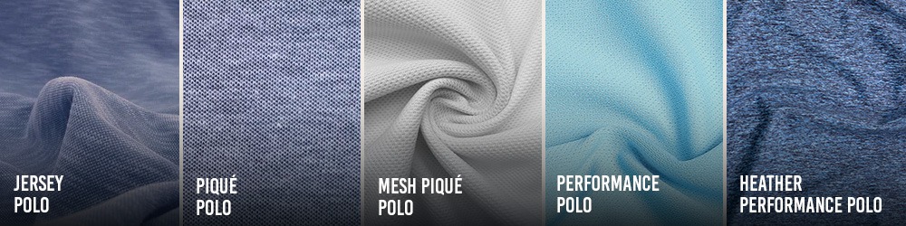 Best Fabrics for Youth School Uniform Polo Shirts Close-up comparison of jersey, piqué, mesh piqué, performance, and heather performance polo fabrics for youth school uniform polo shirts