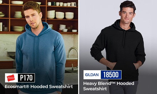 Best Hoodies for Direct-to-Embroidery: Hanes P170 and Gildan 18500 Recommended hoodies for Direct-to-Embroidery showing Hanes P170 Ecosmart hooded sweatshirt and Gildan 18500 heavy blend hooded sweatshirt.