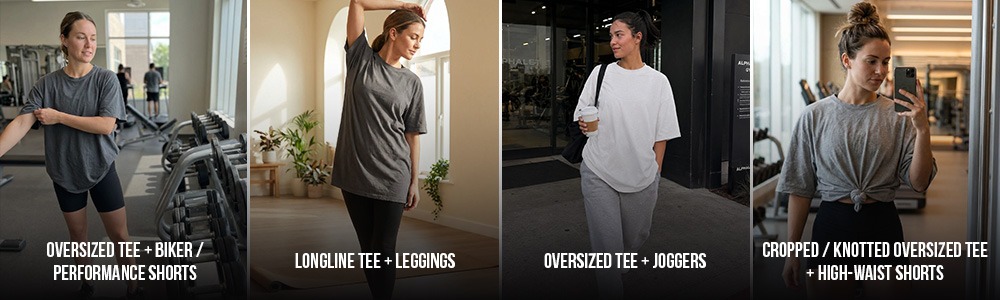 Best Oversized Gym Shirts for Women: Styling Ideas for Workout Outfits Four women wearing oversized gym shirts styled with biker shorts, leggings, joggers, and high-waist shorts for comfortable women’s workout outfit ideas.