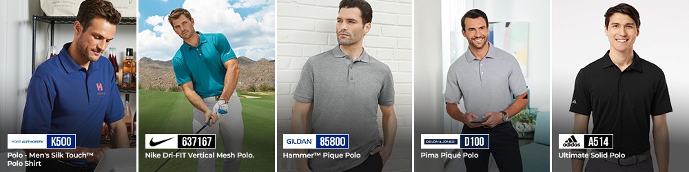 Best Polo Shirts for Direct-to-Embroidery: Port Authority, Nike, Gildan, Devon & Jones and Adidas Recommended polo shirts for Direct-to-Embroidery showing Port Authority K500, Nike 637167, Gildan 85800, Devon & Jones D100, and Adidas A514 polo shirts.
