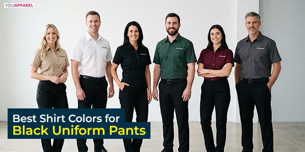 men and women wearing different shirt colors with black uniform pants corporate outfit ideas