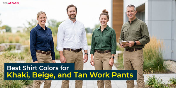 men and women wearing shirt color combinations with khaki beige and tan work pants