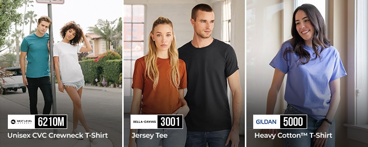 Best T-Shirts for Direct-to-Embroidery: Next Level 6210M, Bella+Canvas 3001 and Gildan 5000 Three recommended t-shirts for Direct-to-Embroidery showing Next Level 6210M CVC crewneck, Bella+Canvas 3001 jersey tee, and Gildan 5000 heavy cotton t-shirt.
