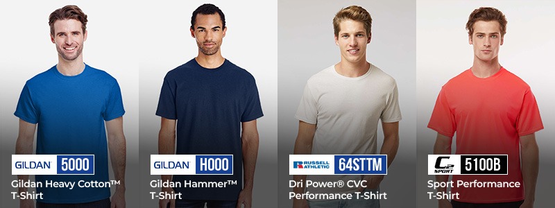 Four men wearing blank performance and cotton T-shirts from Gildan, Russell Athletic, and C2 Sport, including Gildan 5000, Gildan H000, Russell Athletic 64STTM, and C2 Sport 5100B.