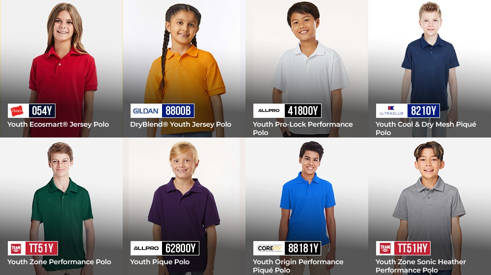 Best Youth Polo Shirts for School Uniforms Youth polo shirt product options for school uniforms including jersey, piqué, mesh, and performance polo styles