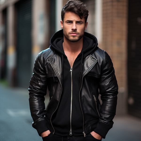 man wearing black leather jacket layered over black zip hoodie modern streetwear outfit  Title: