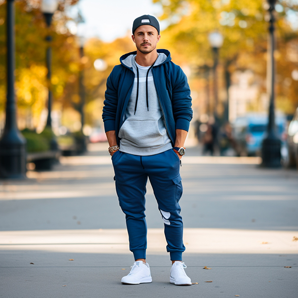 man wearing blue zip hoodie and jogger set with grey hoodie layered athleisure outfit outdoors