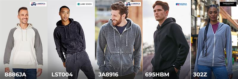 bulk zip hoodies from J America Lane Seven Russell Athletic and Threadfast apparel brands