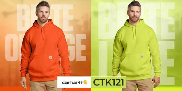 Carhartt CTK121 Safety Hoodies — Brite Orange and Brite Lime Collection American man wearing Carhartt CTK121 high-visibility hoodie in Brite Orange and Brite Lime — premium ANSI-compliant safety hoodies built for warmth, durability, and on-site protection.
