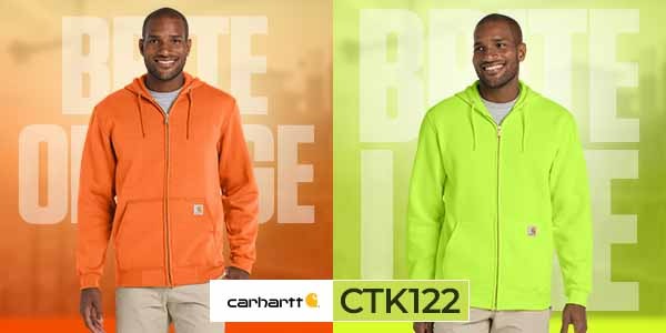 Carhartt CTK122 Safety Zip Hoodies — Brite Orange and Brite Lime Collection American man wearing Carhartt CTK122 full-zip safety hoodie in Brite Orange and Brite Lime — high-visibility work hoodie designed for ANSI compliance, durability, and weather protection