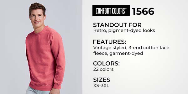 Man wearing Comfort Colors 1566 pink crewneck sweatshirt – garment-dyed wholesale blank sweatshirt with vintage style and cotton face fleece, ideal for custom decoration