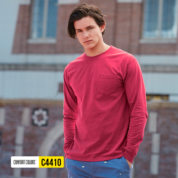 Comfort Colors C4410 red long sleeve pocket t shirt soft garment dyed casual apparel