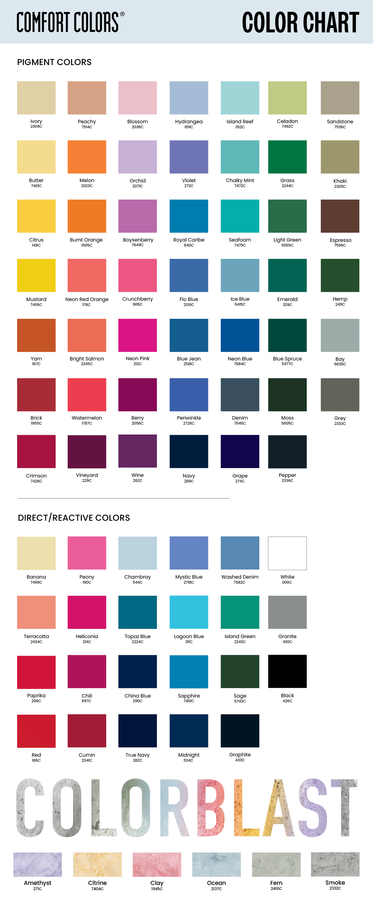 Comfort Colors color chart showing pigment colors direct reactive colors and colorblast options