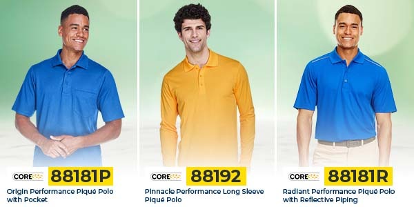 Comparison of Core 365 88181P (pocket), 88192 (long sleeve), and 88181R (reflective piping) performance pique polos for uniform and customization