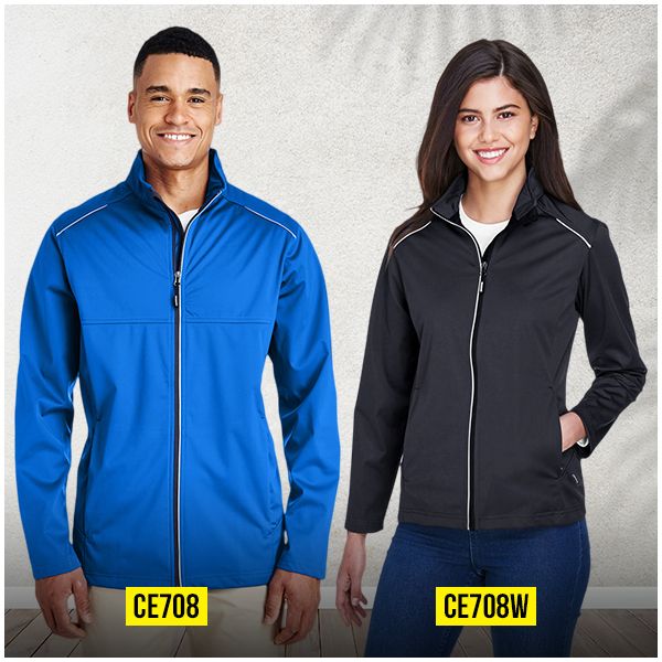 Core 365 CE708 & CE708W Soft Shell Jackets – Men’s & Women’s Outerwear Core 365 CE708 and CE708W soft shell jackets for men and women lightweight water resistant outerwear
