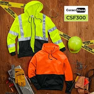 CornerStone CSF300 High-Visibility Safety Hoodies — Class 3 Fleece in Safety Yellow and Safety Orange CornerStone CSF300 high-visibility safety hoodies in Safety Yellow and Safety Orange with black bottoms — ANSI Class 3 compliant fleece hoodies displayed with construction tools and safety gear.