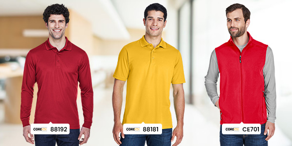 men wearing corporate apparel including long sleeve polo short sleeve polo and puffer vest