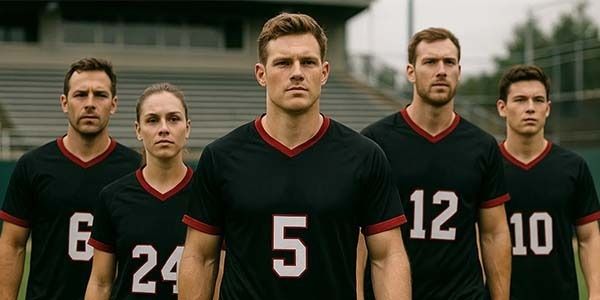 A group of five athletes, dressed in black American football jerseys with red trim and numbers, stand confidently on a sports field. The team members include men and a woman, each wearing numbered jerseys, with a serious expression in front of a stadium.