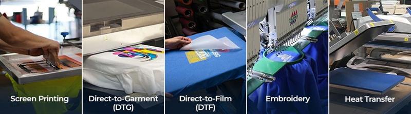 Custom Apparel Printing Methods: Screen Printing, DTG, DTF, Embroidery & Heat Transfer Comparison of custom apparel printing methods including screen printing, direct-to-garment (DTG), direct-to-film (DTF), embroidery, and heat transfer used for t-shirts and garments