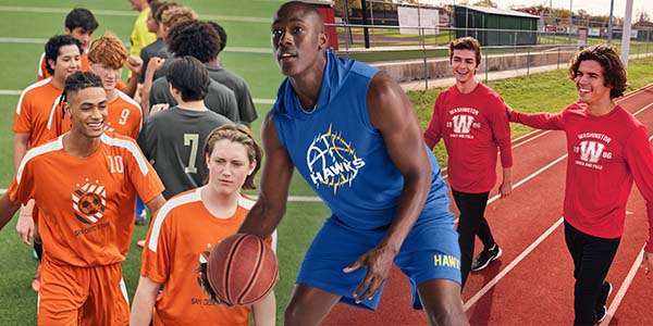  A group of young athletes in custom basketball and soccer jerseys, showcasing various sports teams. A basketball player is seen wearing a blue 