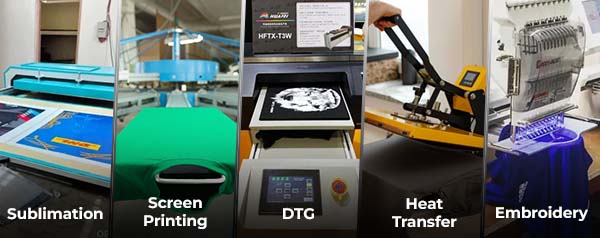 Various jersey customization methods including Sublimation, Screen Printing, Direct-to-Garment (DTG), Heat Transfer, and Embroidery shown in a series of images.