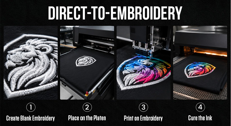 Direct-to-Embroidery Process: From White Thread Stitching to Full-Color Printed Embroidery Four-step Direct-to-Embroidery process showing white thread embroidery, platen placement, full-color printing on embroidery, and ink curing on black fabric.