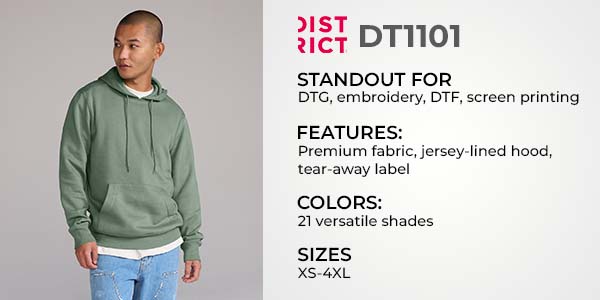 Man wearing District DT1101 green hoodie – premium wholesale blank sweatshirt with jersey-lined hood, ideal for DTG, embroidery, DTF, and screen printing