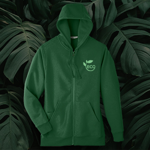 eco-friendly green zip hoodie with leaf logo made from organic cotton