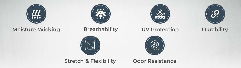 Features of Performance Polo Shirts Visual representation of performance polo shirt features, highlighting Moisture-Wicking for sweat control, Breathability for enhanced comfort, UV Protection for sun safety, Durability for long-lasting wear, Stretch & Flexibility for ease of movement, and Odor Resistance for freshness. Perfect for active lifestyles, these attributes ensure comfort, functionality, and reliability in every wear.
