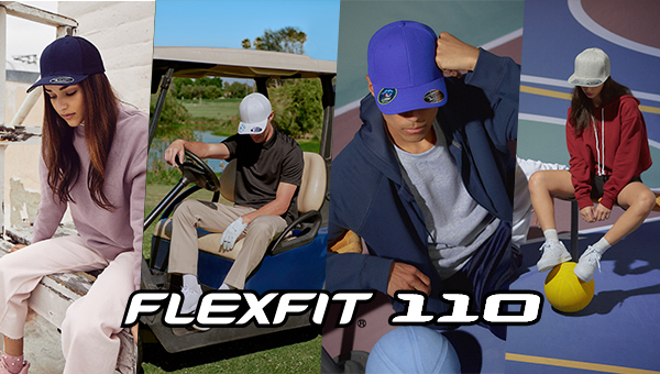 Flexfit 110 hybrid caps adjustable performance hats worn in lifestyle and sports settings