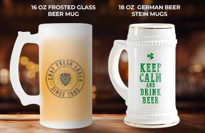 Custom 16 oz Frosted Glass Beer Mug and 18 oz German Beer Stein Mug - Personalized Options Available