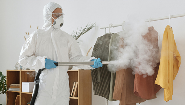 person steaming and disinfecting clothes with protective gear garment sanitization process