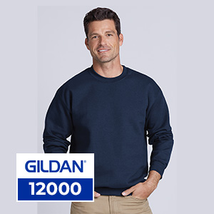 A man wearing a navy Gildan 12000 DryBlend crewneck sweatshirt, designed with moisture-management properties, ideal for wholesale bulk orders, sports teams, and custom decoration.