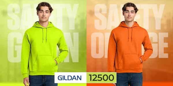 Gildan 12500 DryBlend Safety Hoodies — Safety Green and Safety Orange Collection American man wearing Gildan 12500 DryBlend safety hoodie in Safety Green and Safety Orange — high-visibility pullover sweatshirts designed for durability, warmth, and workplace protection.
