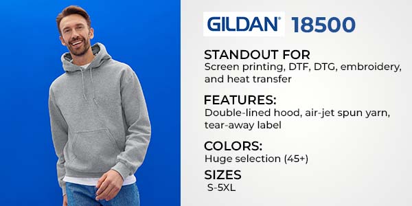 Man wearing Gildan 18500 grey hoodie – wholesale blank sweatshirt ideal for screen printing, DTG, DTF, embroidery, and custom bulk orders