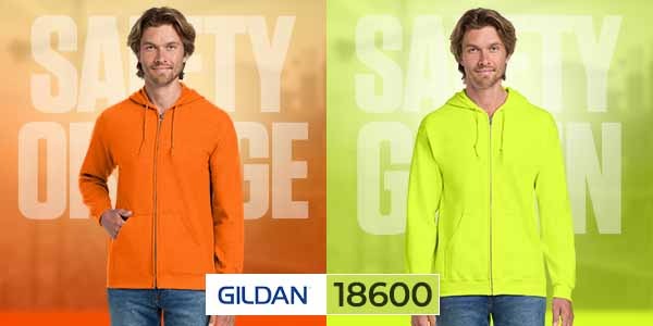 Gildan 18600 Safety Zip Hoodies — Safety Orange and Safety Green Collection American man wearing Gildan 18600 full-zip safety hoodie in Safety Orange and Safety Green — showcasing high-visibility zip-up hooded sweatshirts designed for warmth and worker safety.